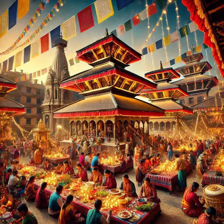 AI-generated illustration of a crowded festival evening in a square of pagoda temples, with lamps and prayer flags