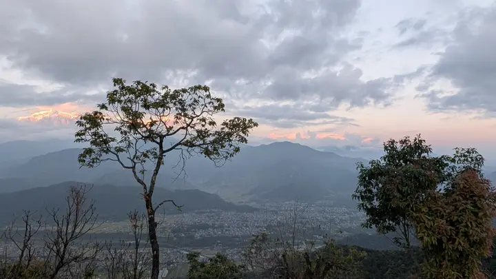 Evening view over a valley city from a forested hill, with the snow peaks of the Annapurna range glowing pink under clouds