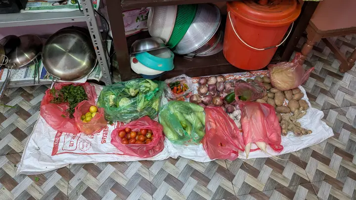 Bags of vegetables laid out on a sack on a kitchen floor: greens, cauliflower, tomatoes, cucumbers, onions, garlic, radishes, potatoes and ginger